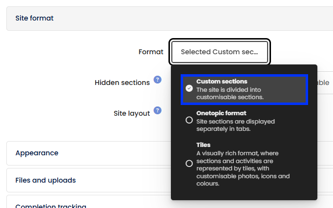 Moodle - Site Format - Custom Sections